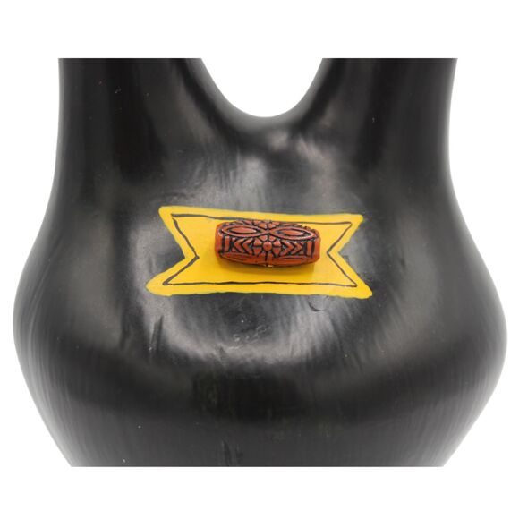 Vintage Southwestern Wedding Vase Black Ceramic Yellow Accents, Pueblo Style - Picture 2 of 7